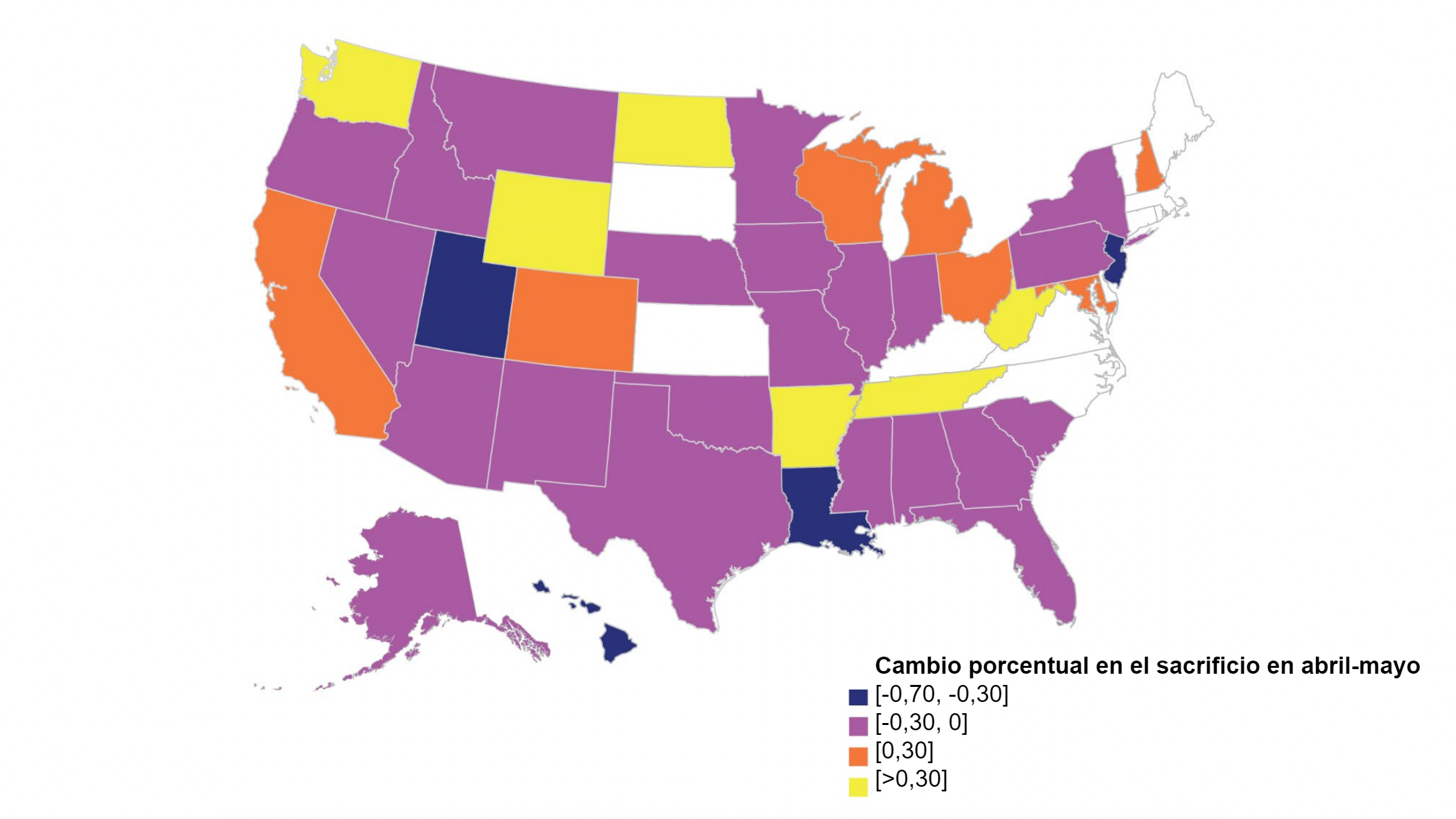 <p>Cambio porcentual en el sacrificio porcino de EE. UU. entre abril y mayo de 2020, en comparaci&oacute;n con el&nbsp;2019. Notas: Los Estados que aparecen en blanco en el mapa representan a Estados cuyos&nbsp;niveles de sacrificio son privados&nbsp;para evitar divulgar datos de operaciones individuales o&nbsp;bien no&nbsp;es aplicable. Fuente: USDA.</p>
